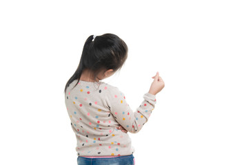 Cute kid southeast asian girl age 7 years in acting isolated on white