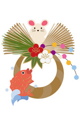 正月飾り。日本のお正月の壁飾り。正月のデザイン素材。令和2年。 正月の輪飾り。干支の正月飾り。熨斗。ねずみ年の正月飾り。