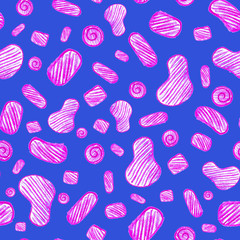 Funny pencil elements. Pink circles, ovals and beans on a lilac background. Hatching with pencils. Funny microbes