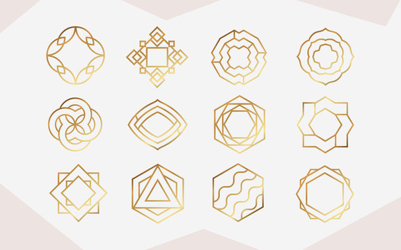 Luxury gold geometric frame collection.  Geometrical polyhedron design for wedding card, invitations, logo, book cover, art decoration, and poster	