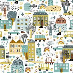 Cute seamless pattern with old and modern buildings and transport.  Seamless city landscape. Scandinavian style. Good for kids fabric, textile, nursery wallpaper. © bukhavets