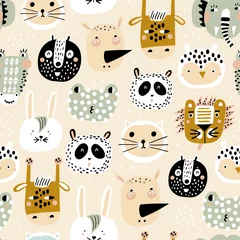 Fotobehang Katten Baby naadloos patroon met hand getrokken dieren. Trendy Scandinavische vector achtergrond. Vectortextuur in kinderachtige stijl geweldig voor stof en textiel, wallpapers, achtergronden.