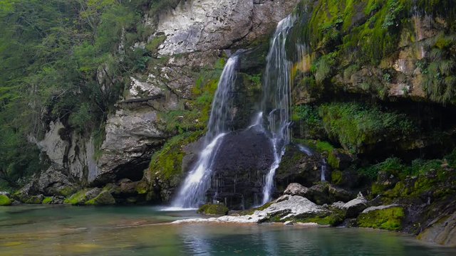 Magic waterfall and river basin in Slovenia, Europe, static shoot