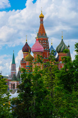 Moscow, Russia - June, 3, 2019: view to St. Basil's Cathedral and Moscow Kremlin from Park Zariadiye