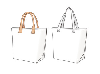 shopping bags with different handles, vector illustration flat sketch template isolated on white background