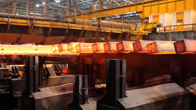 Steel billets continuous casting at a metallurgical plant.