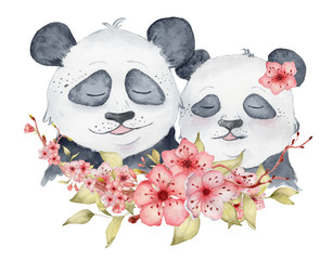 Watercolor panda bears couple in love illustration with sakura flowers decor Cute animal