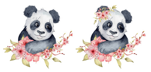 Watercolor panda bear illustration with sakura flowers decor Cute animal