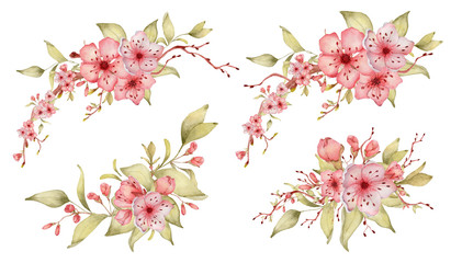 Sakura flowers watercolor illustration. Blossom petal bouquet 