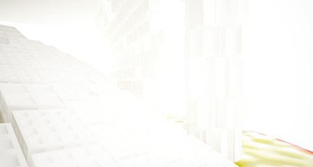 Abstract white and yellow water parametric interior with window. 3D illustration and rendering.