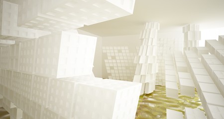 Obraz premium Abstract white and yellow water parametric interior with window. 3D illustration and rendering.