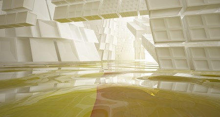Abstract white and yellow water parametric interior with window. 3D illustration and rendering.