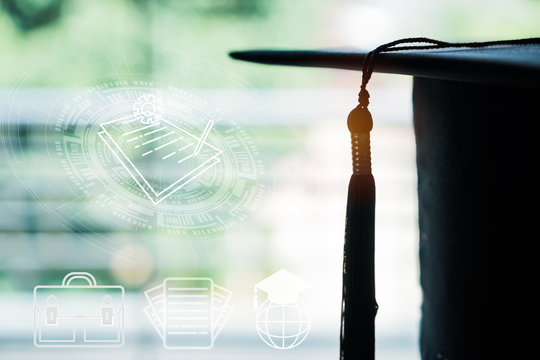 Education of knowledge learning study abroad international Ideas. Graduation celebrating hat in library with HUD network,document,school bag,folder icon,Alternative studying world wide,Back to School