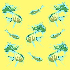 seamless pattern of turquoise fish on yellow background