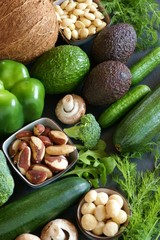 Ketogenic Diet. Vegetables and nuts for low carb diet.Vegetables and nuts. Avocado, coconut, macadamia, Brazil nuts, zucchini, cucumber, mushrooms, broccoli, almonds. Green vegetables for keto.
