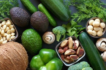 Ketogenic Diet.Lchf. Vegetables and nuts for low carb diet.Vegetables and nuts. Avocado, coconut,...