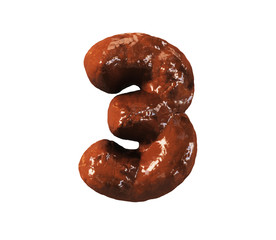 Chocolate Cake Font. Delicious Brownie Typeset. Number 3. 3d rendering isolated on white Background.