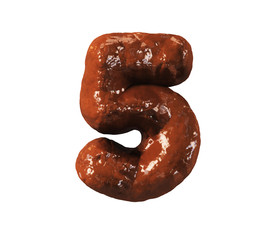 Chocolate Cake Font. Delicious Brownie Typeset. Number 5. 3d rendering isolated on white Background.