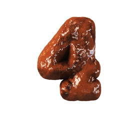 Chocolate Cake Font. Delicious Brownie Typeset. Number 4. 3d rendering isolated on white Background.