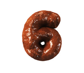 Chocolate Cake Font. Delicious Brownie Typeset. Number 6. 3d rendering isolated on white Background.