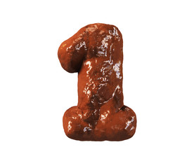 Chocolate Cake Font. Delicious Brownie Typeset. Number 1. 3d rendering isolated on white Background.