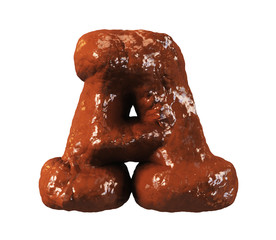 Chocolate Cake Font. Delicious Brownie Typeset. Letter A. 3d rendering isolated on white Background.