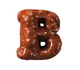 Chocolate Cake Font. Delicious Brownie Typeset. Letter B. 3d rendering isolated on white Background.
