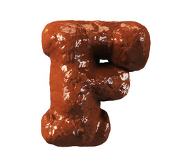 Chocolate Cake Font. Delicious Brownie Typeset. Letter F. 3d rendering isolated on white Background.