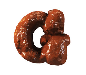 Chocolate Cake Font. Delicious Brownie Typeset. Letter G. 3d rendering isolated on white Background.