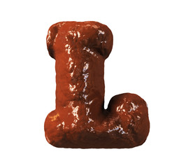 Chocolate Cake Font. Delicious Brownie Typeset. Letter L. 3d rendering isolated on white Background.
