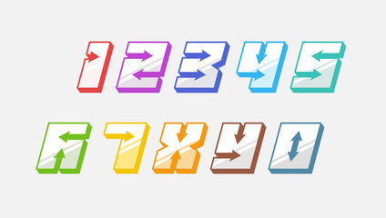 Numbers colourful set in 3d italic vintage style with arrows in speedy srtyle trendy typography consisiting of 1 2 3 4 5 6 7 8 9 0 for poster design or greeting card. Vector modern font