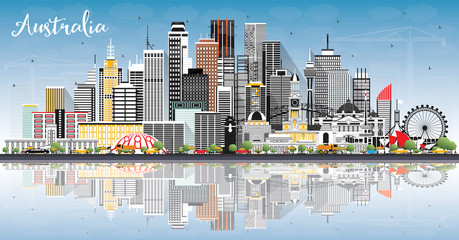 Australia City Skyline with Gray Buildings, Blue Sky and Reflections.