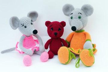 Amigurumi toys and dolls together to have fun together a rat, mice, bear cub, fox, cat od.