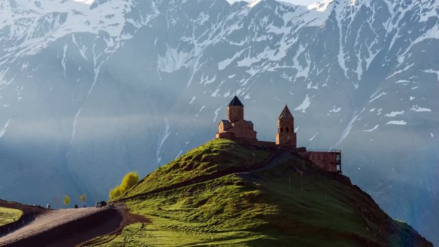time-lapse in the mountains of Georgia, the church of the Holy Trinity in Gergeti