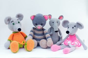 Amigurumi toys and dolls together to have fun together a rat, mice, bear cub, fox, cat od.
