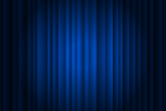 Closed silky luxury blue curtain stage background spotlight beam illuminated. Theatrical drapes. Vector gradient illustration