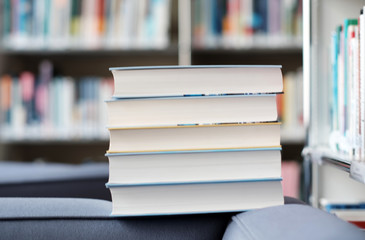 Stack of books in a library.