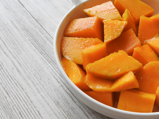 High angle view of a plate of fresh yellow diced mango isolated on wooden background. Mango is a common fruit in Taiwan during the summer. Summer, fruit, agriculture concept. With copy space.