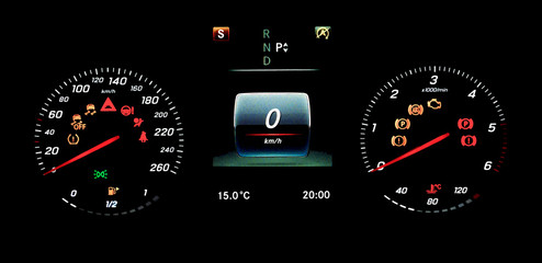Illustration of car counter panel with speedometer, tachometer, odometer, fuel gauge and open door indicator. Modern digital car display.