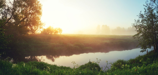 Foggy summer landscape with forest river at sunrise