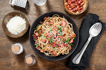 Carbonara pasta, spaghetti with bacon, egg, hard parmesan cheese and cream sauce.