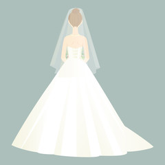 ブーケを持ちウェディングドレスを着ている女性　バックスタイル