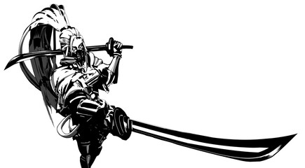 Cyborg girl with a katana stands in a graceful pose in a dynamic perspective, drawn in manga style - obrazy, fototapety, plakaty