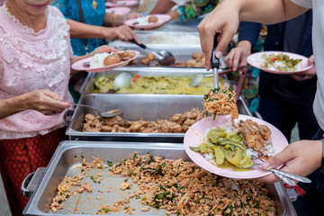 Food Buffet Catering Dining Eating Party Sharing Concept.people group catering buffet food indoor in luxury restaurant with meat colorful fruits and vegetables