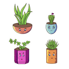 Funny plants with cute faces that sit in pots, drawn in a vector with a stroke line in cartoon style