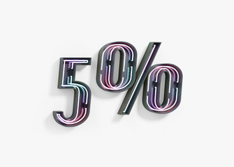 Colorful Vivid 5% discount sale Concept Icon as Retro Neon Electric Sign. 3d rendering isolated on bright Background