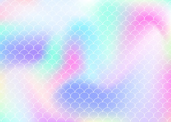 Gradient mermaid background with holographic scales. Bright color transitions. Fish tail banner and invitation. Underwater and sea pattern for girlie party. Multicolor backdrop with gradient mermaid.