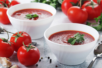 Two plates with gazpacho - traditional Spanish tomato soup