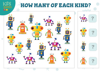 Fototapeta na wymiar How many of each kind cartoon robot counting game for kids vector illustration