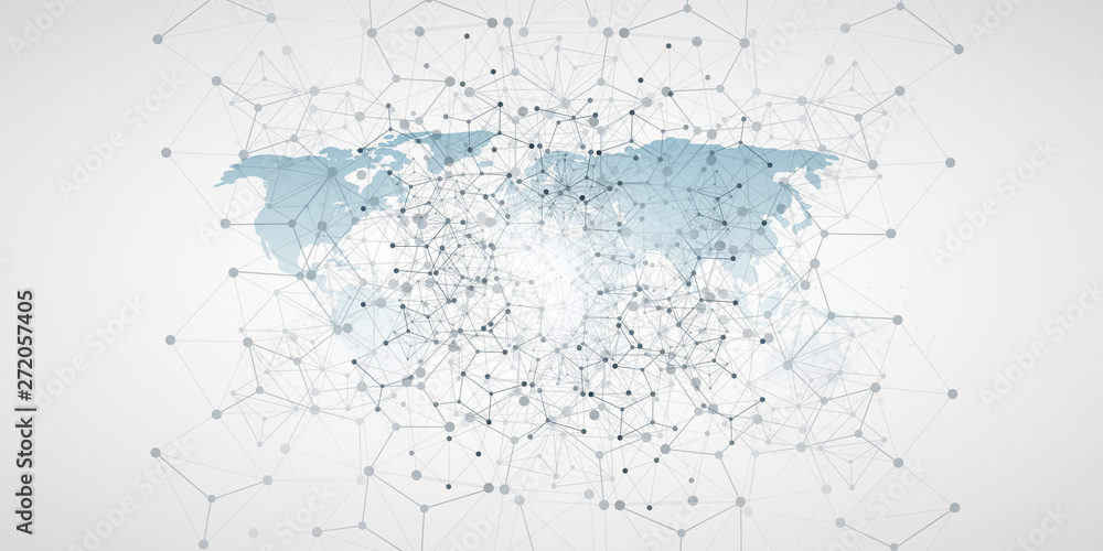 Poster cloud computing and global networks concept design with world map and geometric network mesh